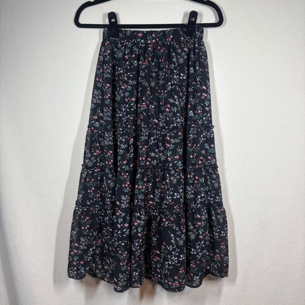 Allegra K Black Ditsy Floral Tiered Peasant Midi Skirt Chiffon XS Boho Prairie